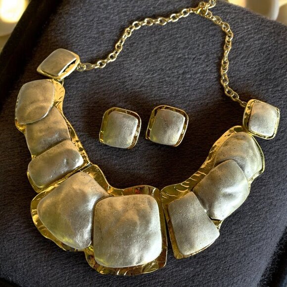 Brand New Chunky Two Tone Gold Plated Minimalist Necklace and Earrings Set - Picture 3 of 5